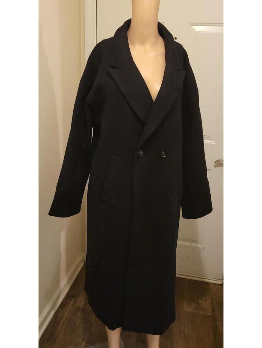 Allegra K Black Double-Breasted Classic Women's Long Trench Fashion Coat Size L